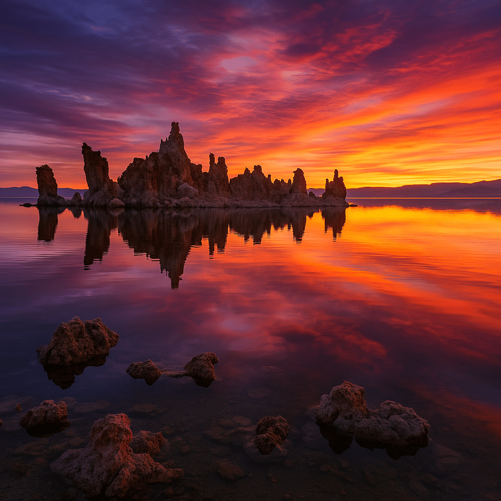 Mono Lake Sierra Nevada at sunset with glowing tufa towers reflected in vibrant orange, red, and purple waters.