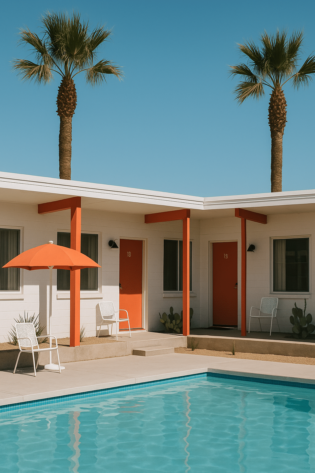 Retro-style boutique motel in Marfa Texas with colorful doors, pool, and palm trees under a clear blue sky.