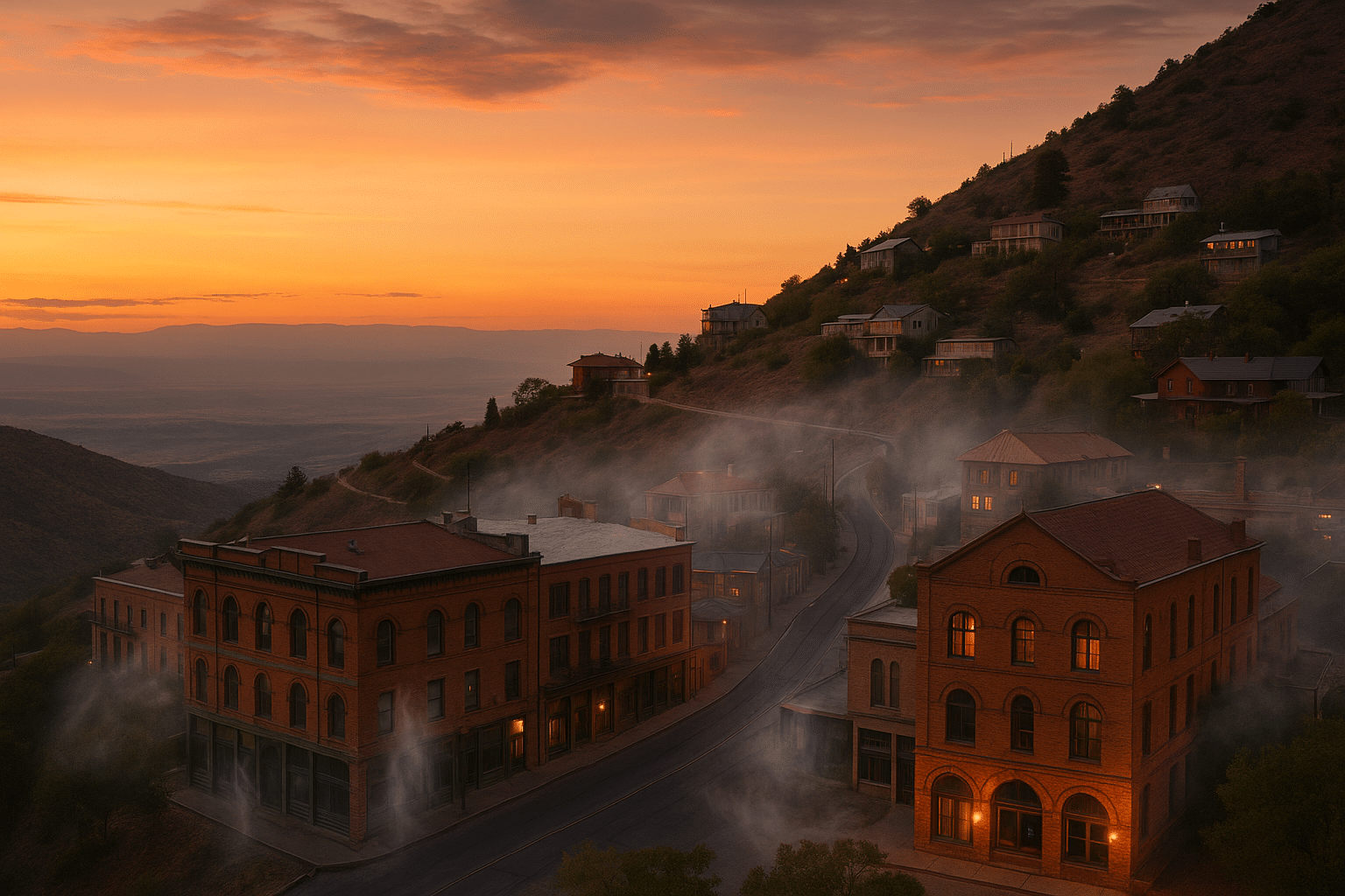 AI-generated view of Jerome, Arizona hillside town at sunset with historic mining buildings and faint ghostly mist rising through the streets.