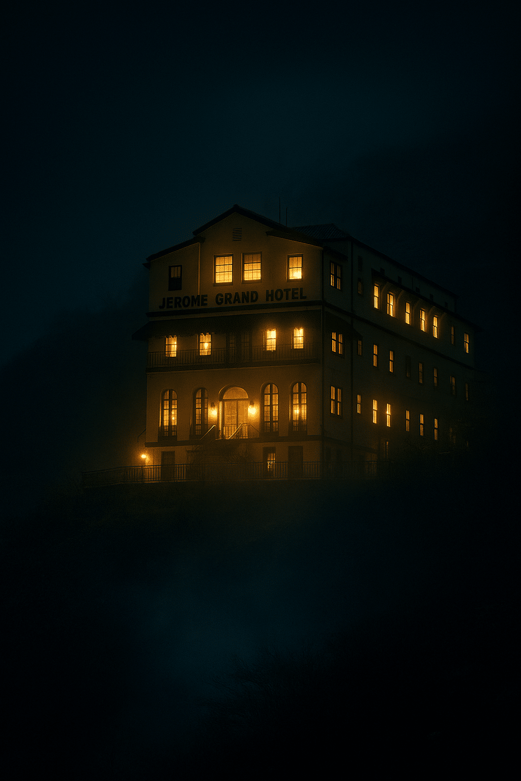 AI-generated eerie view of Jerome Grand Hotel in Arizona at night, glowing windows with mist rising on the hillside, known as the most haunted hotel in Jerome.
