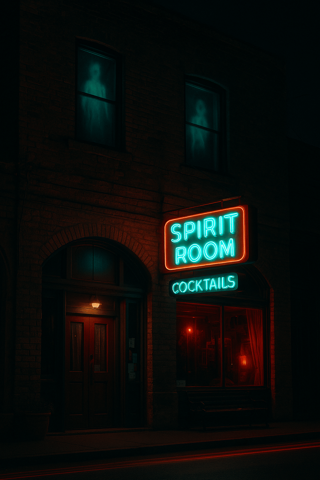 image of the Spirit Room bar in Jerome, Arizona, with neon glow and faint ghostly silhouettes in upstairs windows, a haunted nightlife spot.