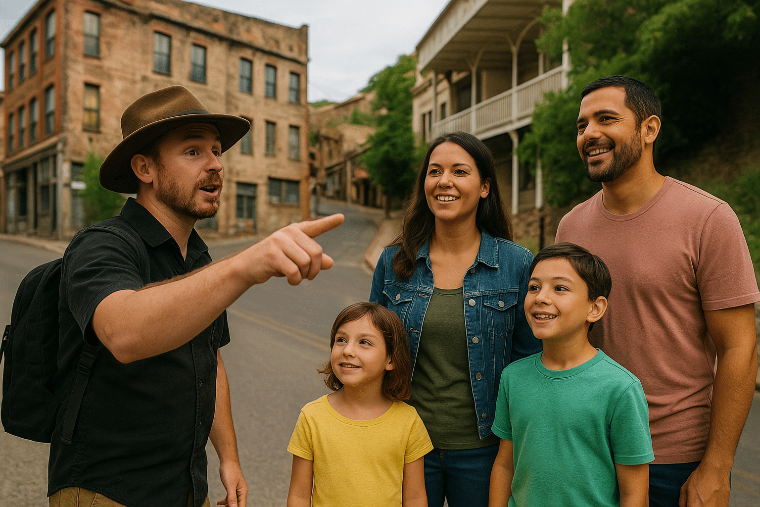 A family with children walking during a daytime Jerome ghost tour, guide pointing at historic buildings and sharing ghost stories.