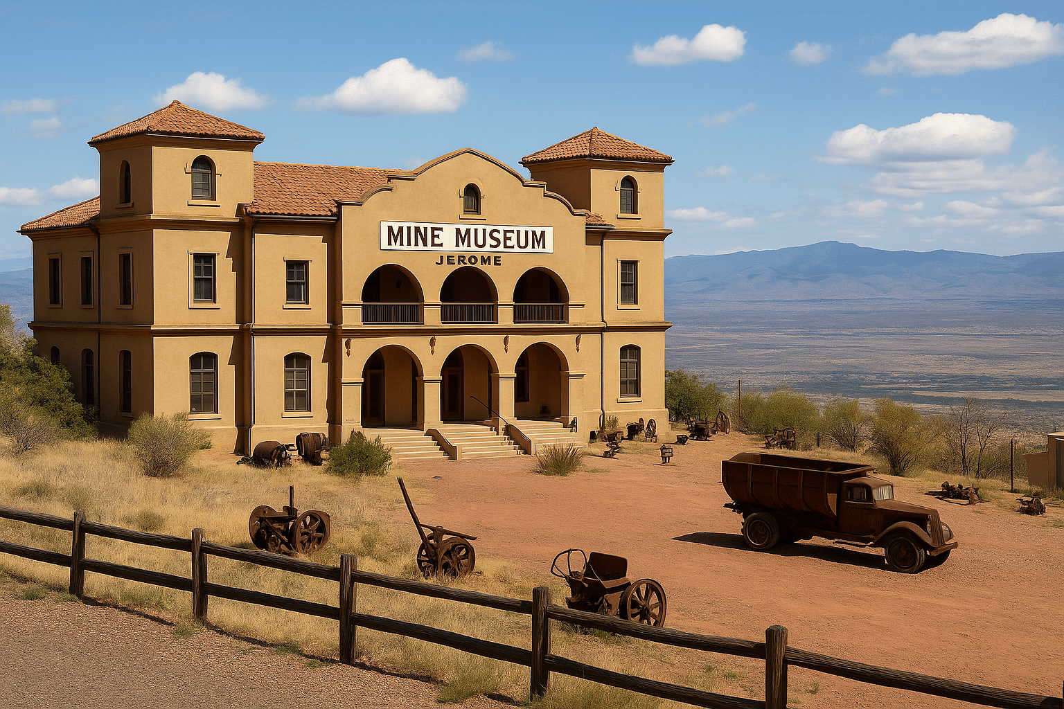 Historic Douglas Mansion in Jerome, Arizona, now the Mine Museum, perched on Cleopatra Hill with rustic mining relics and sweeping views of the Verde Valley in the background.