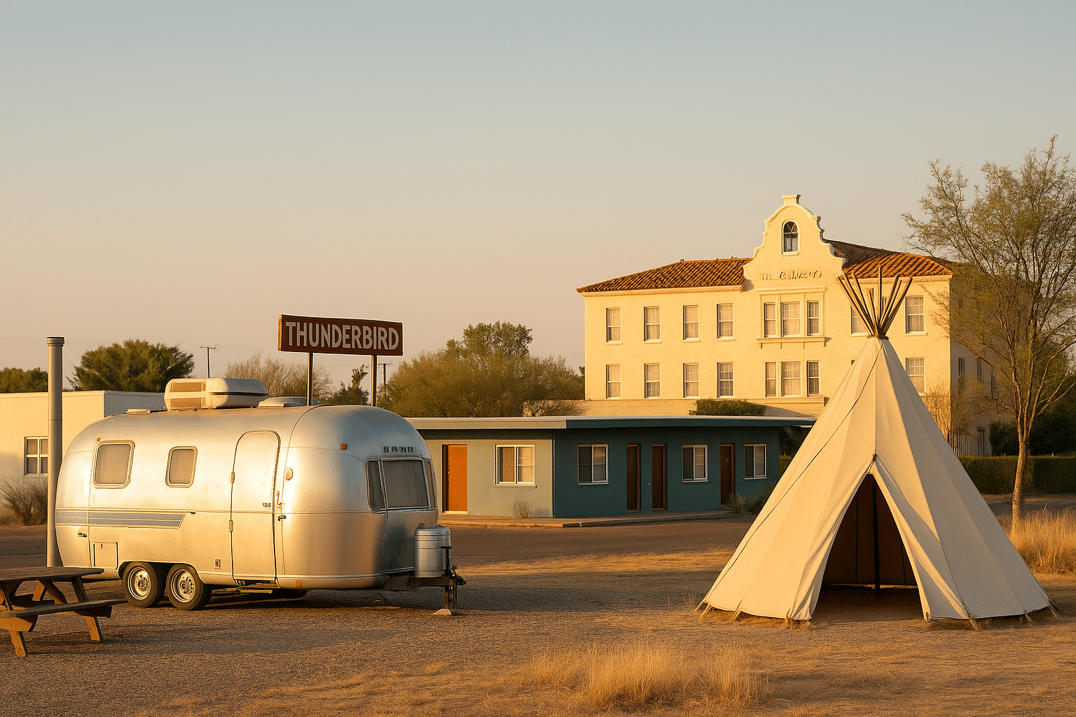 Airstream trailer and tepee at Thunderbird, showcasing the unique vibe of Marfa Texas hotels in the desert setting.