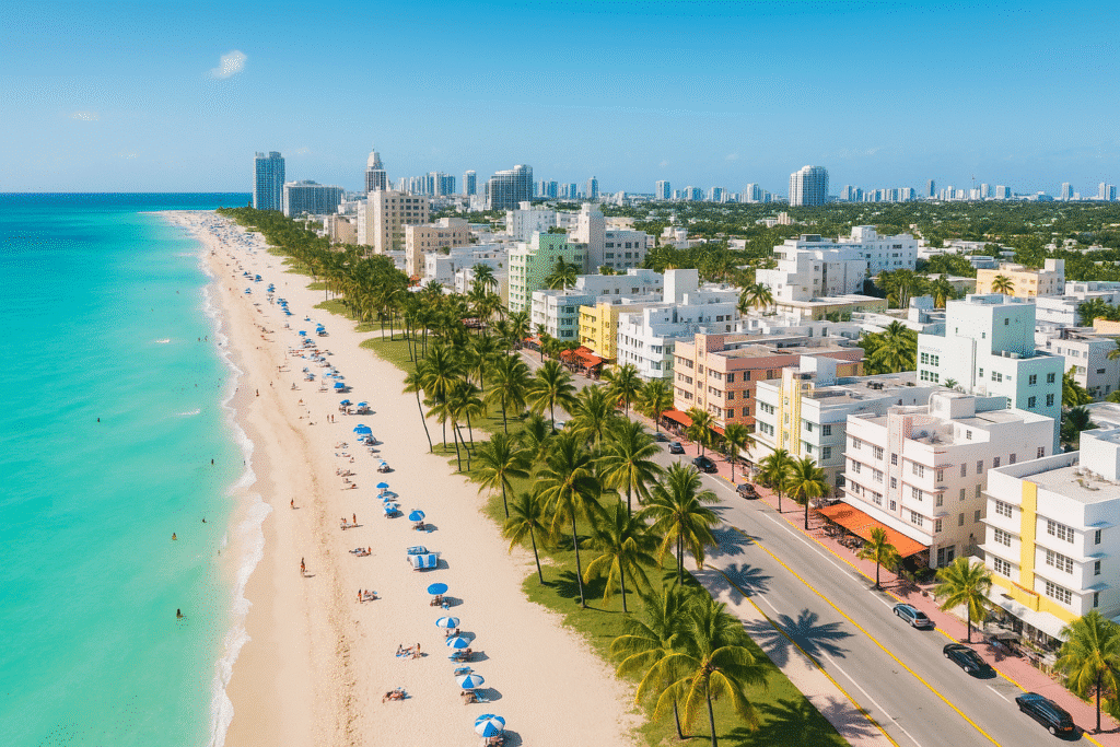 Aerial view of Miami Beach with palm-lined streets, pastel Art Deco buildings, and turquoise ocean—perfect backdrop for exploring top things to do in Miami.