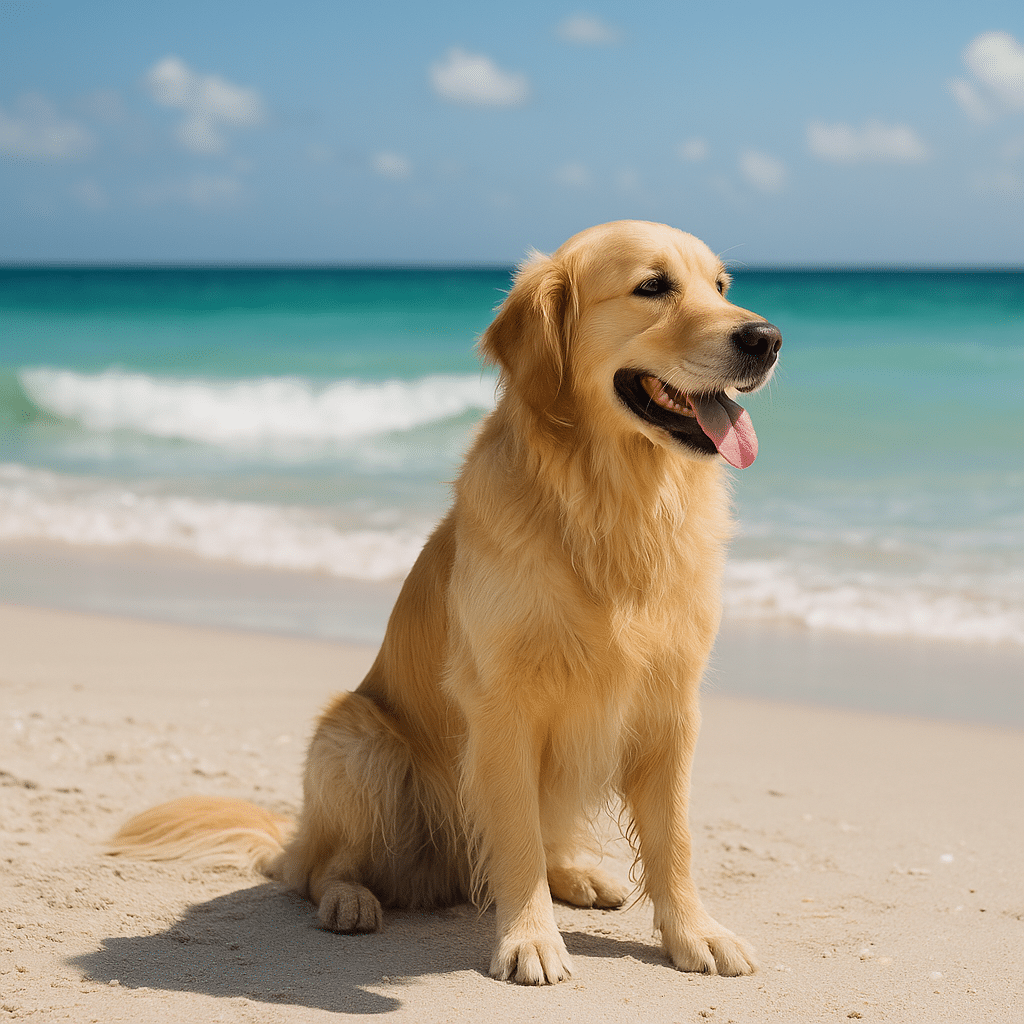 Golden retriever sitting on sandy shore with turquoise waves – Dog-Friendly Beaches Near Siesta Key Worth the Drive.