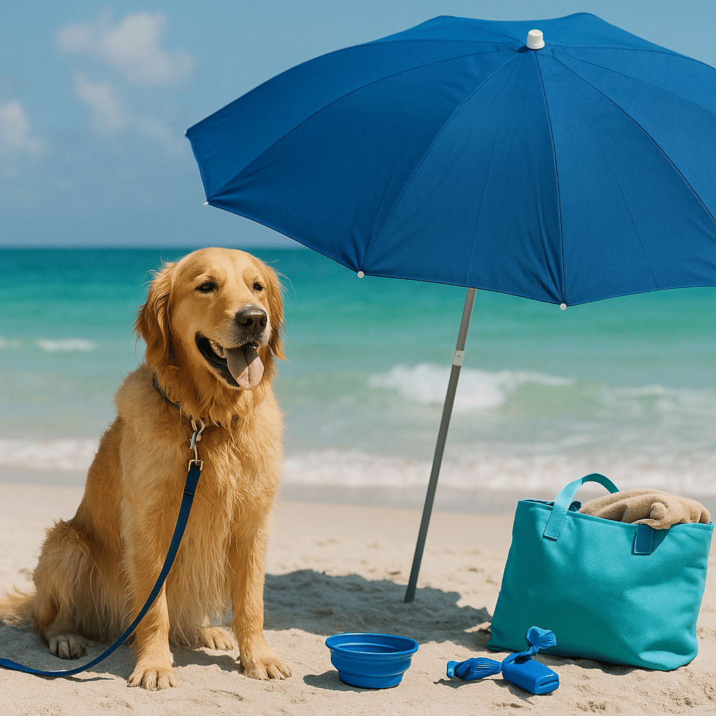 Golden retriever under a blue beach umbrella with water bowl and tote – Tips for Visiting Florida Beaches With Your Dog.