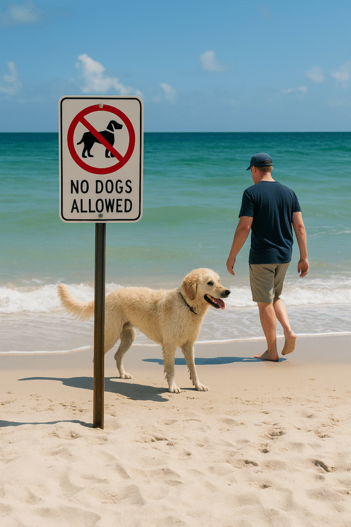 Man walking with dog past a "No Dogs Allowed" sign on the beach – Common Mistakes People Make With Dogs at the Beach.