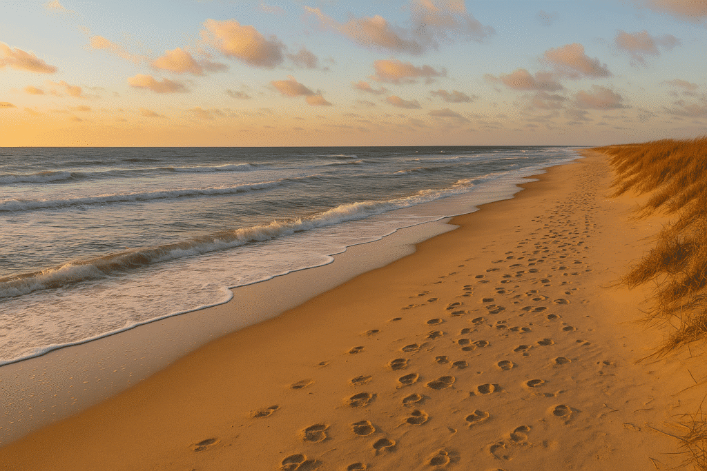 Golden hour view of the Outer Banks in April with gentle waves, sandy beach, and windswept dunes.