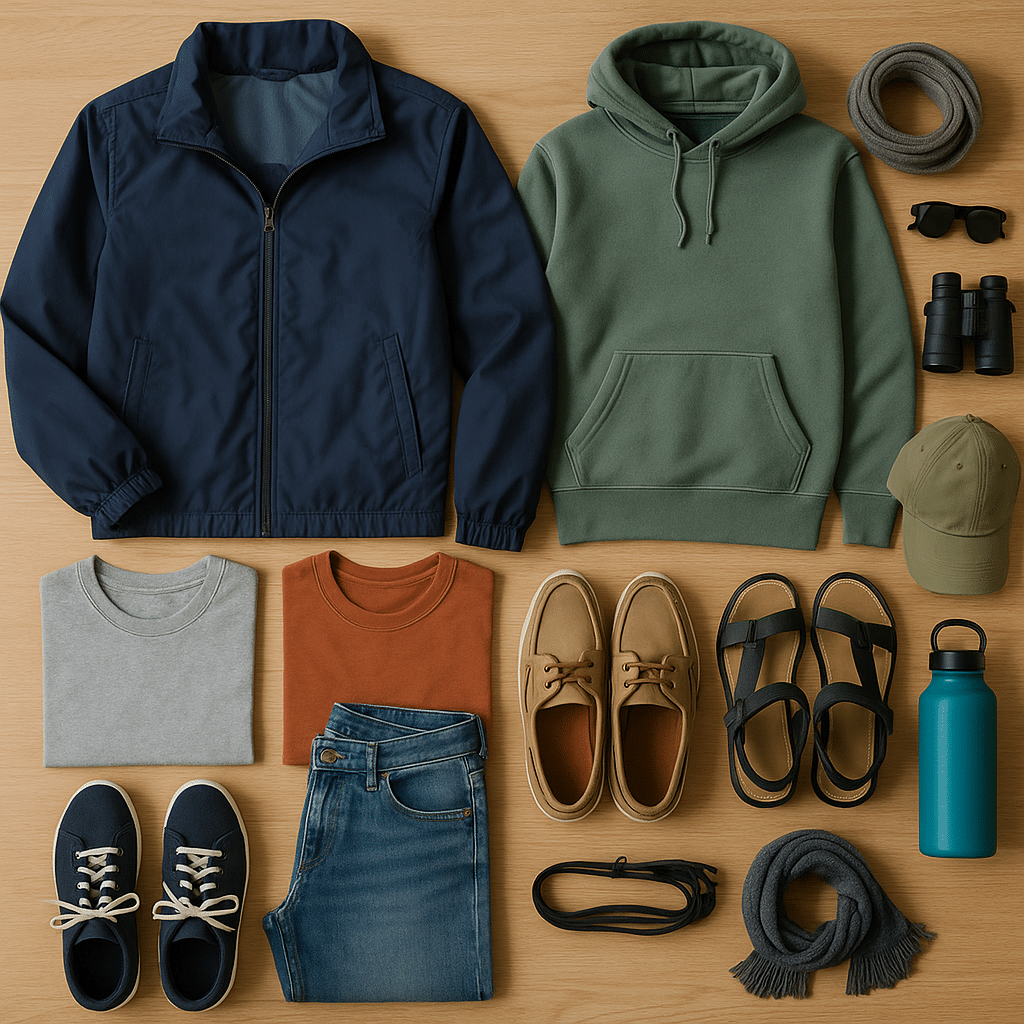Flat lay of coastal travel essentials showing clothing, shoes, and gear for What to Pack (and What You’ll Regret Forgetting).