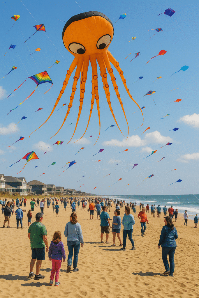 Colorful beach kite festival scene with families enjoying Events and Festivals Happening in April in the Outer Banks.