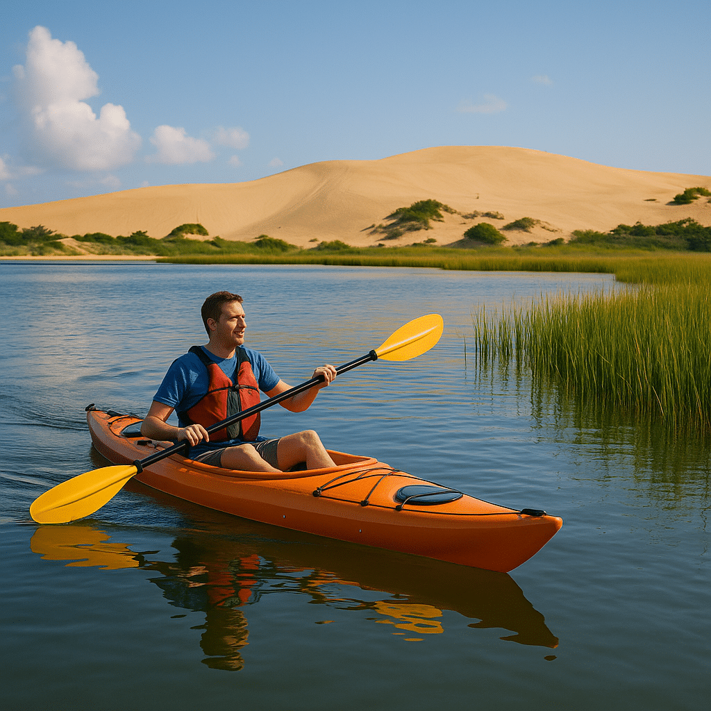 Man kayaking on calm waters near sand dunes and marsh grass, enjoying Outdoor Adventures Perfect for April Weather.