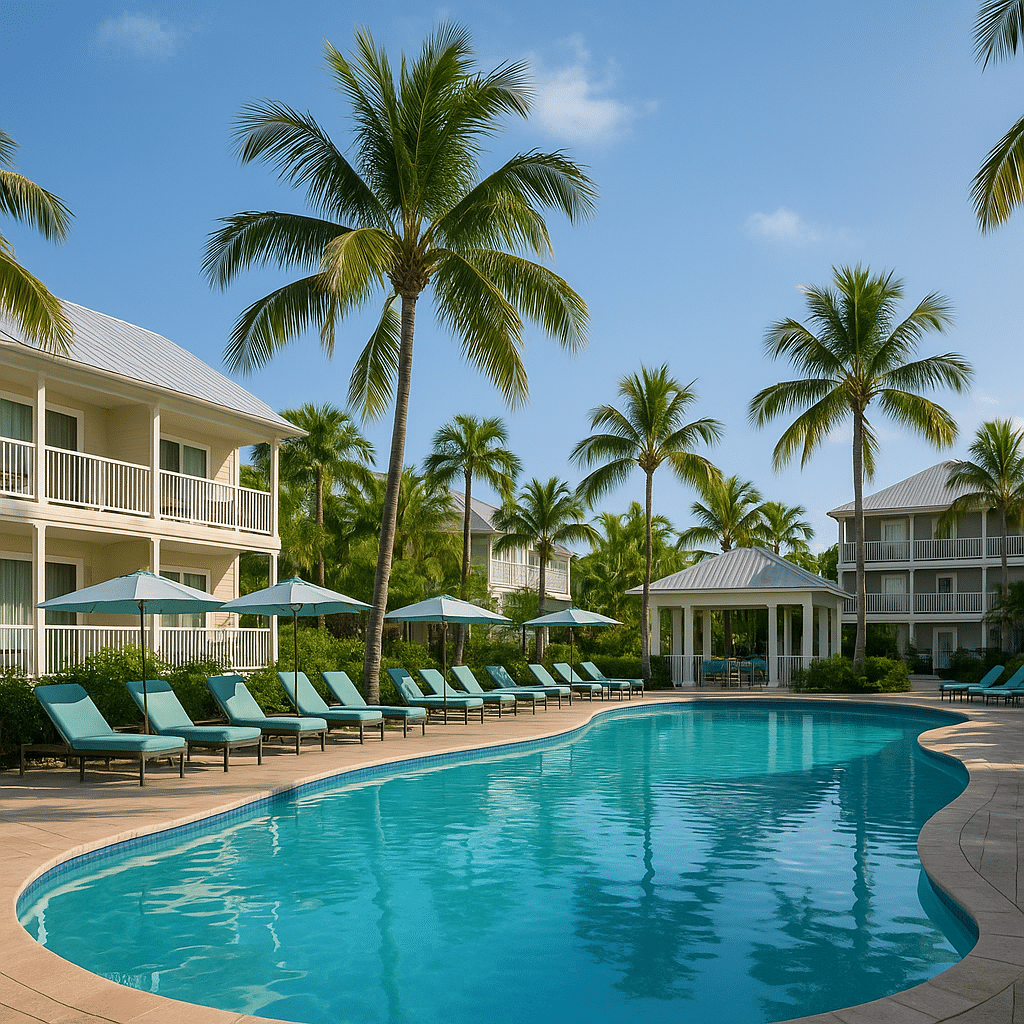 Luxury resort poolside view with palm trees and tropical vibes for where to stay for a true spring break experience.