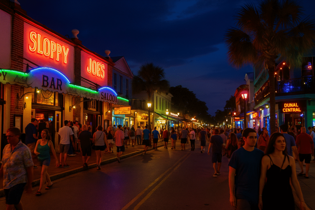 Vibrant Key West nightlife where the party happens, with neon-lit bars and lively crowds along Duval Street.