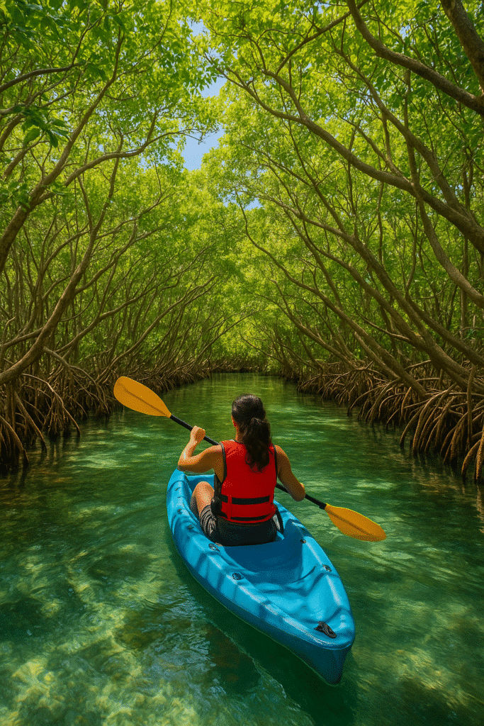 Woman kayaking through lush mangroves in crystal-clear waters for outdoor adventures beyond the beach.