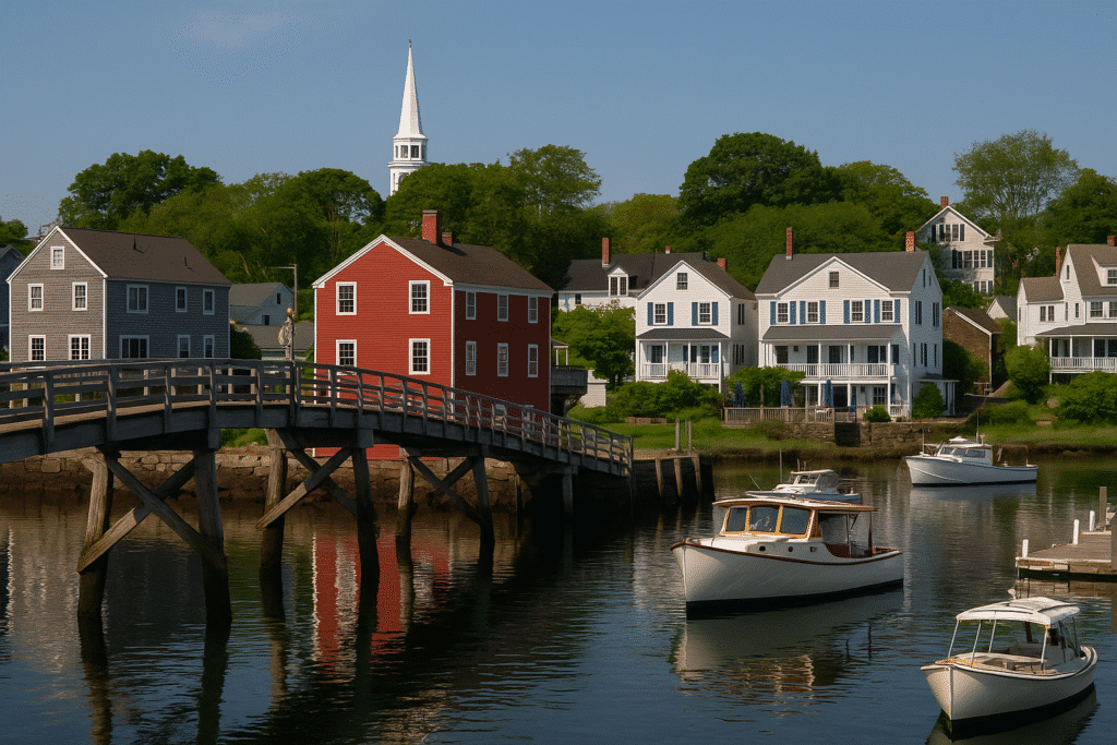 Scenic harbor view in Kennebunkport, Maine, perfect for day trips from Kennebunkport, with boats, historic homes, and a wooden footbridge.