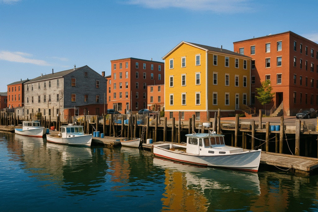 Vibrant waterfront scene in Portland – Foodie Heaven on the Water, with colorful buildings, lobster boats, and calm harbor reflections.