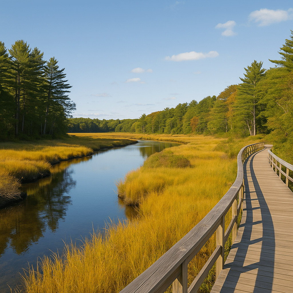 Scenic boardwalk through golden marshlands at Wells and the Rachel Carson National Wildlife Refuge, surrounded by pine trees and calm water.