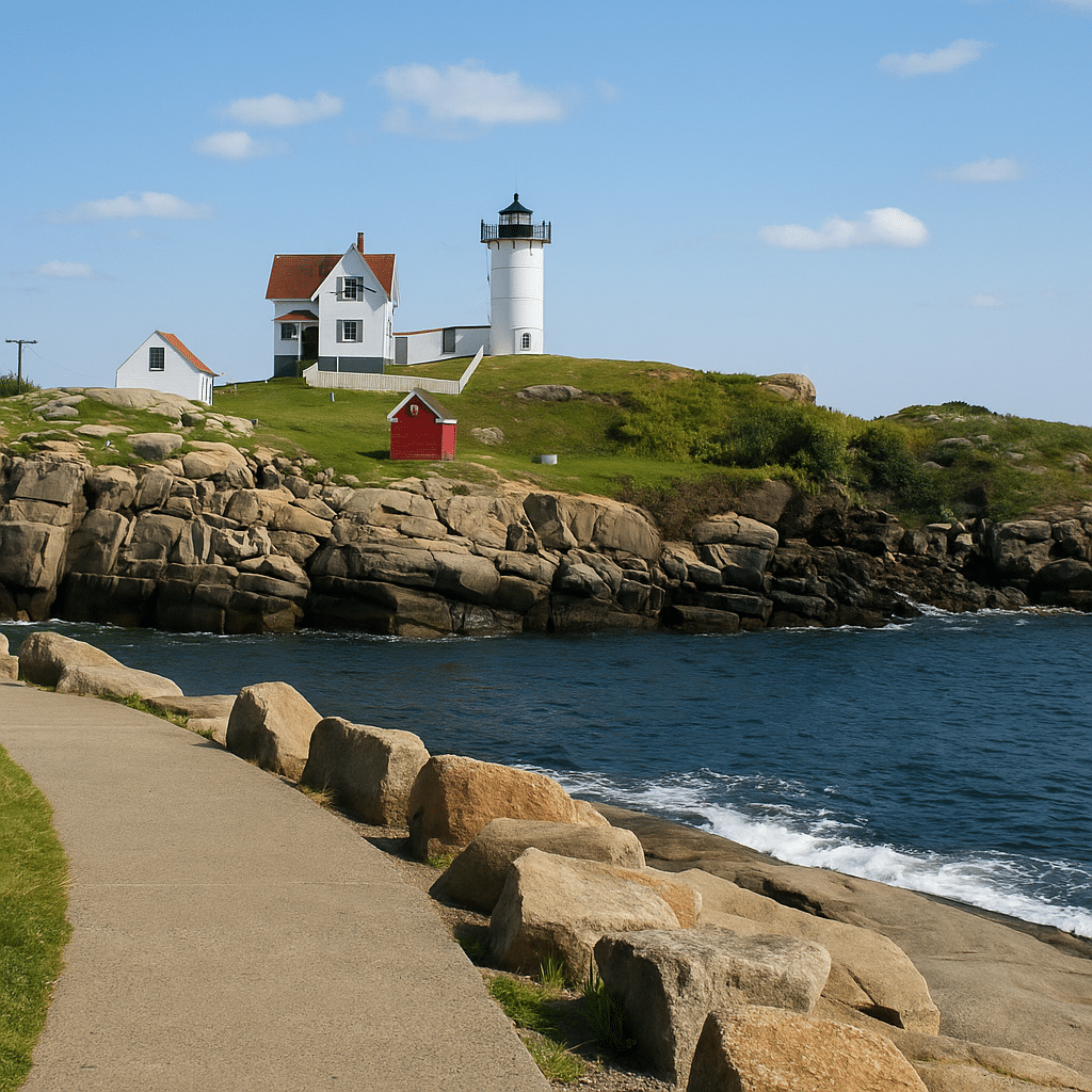 Iconic Nubble Light with rocky shoreline and ocean views, representing York – Beaches, a Cliff Walk, and a Giant Taffy Store.