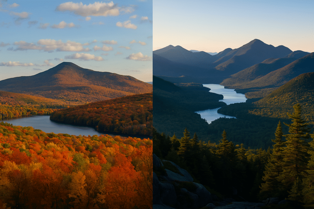 Scenic comparison of Catskills vs Adirondacks, showing autumn foliage in the Catskills and rugged mountain peaks in the Adirondacks.