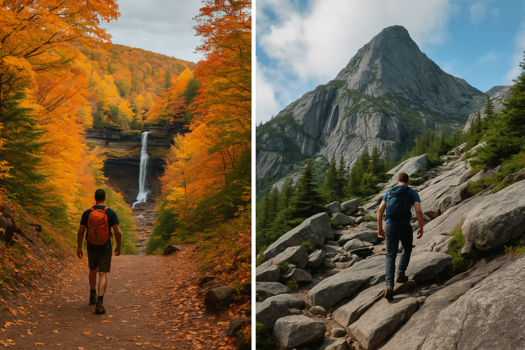 Two hikers showcasing Hiking Styles & Terrain, one on a scenic forest trail to a waterfall and another on a rugged mountain path.