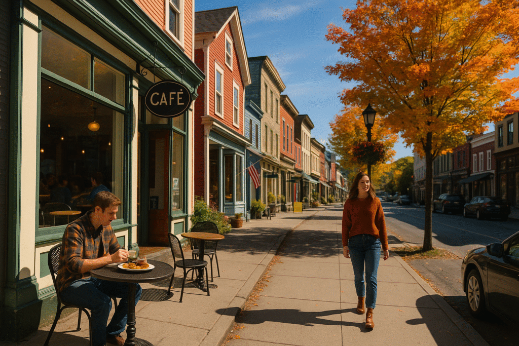 Small-Town Charm & Food Scene with a cozy café, colorful historic buildings, and people enjoying a sunny autumn day.