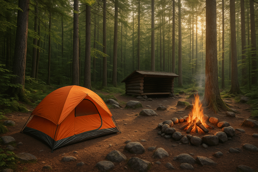 Camping Styles & Options featuring an orange tent, campfire, and rustic wooden lean-to shelter in a peaceful forest setting.