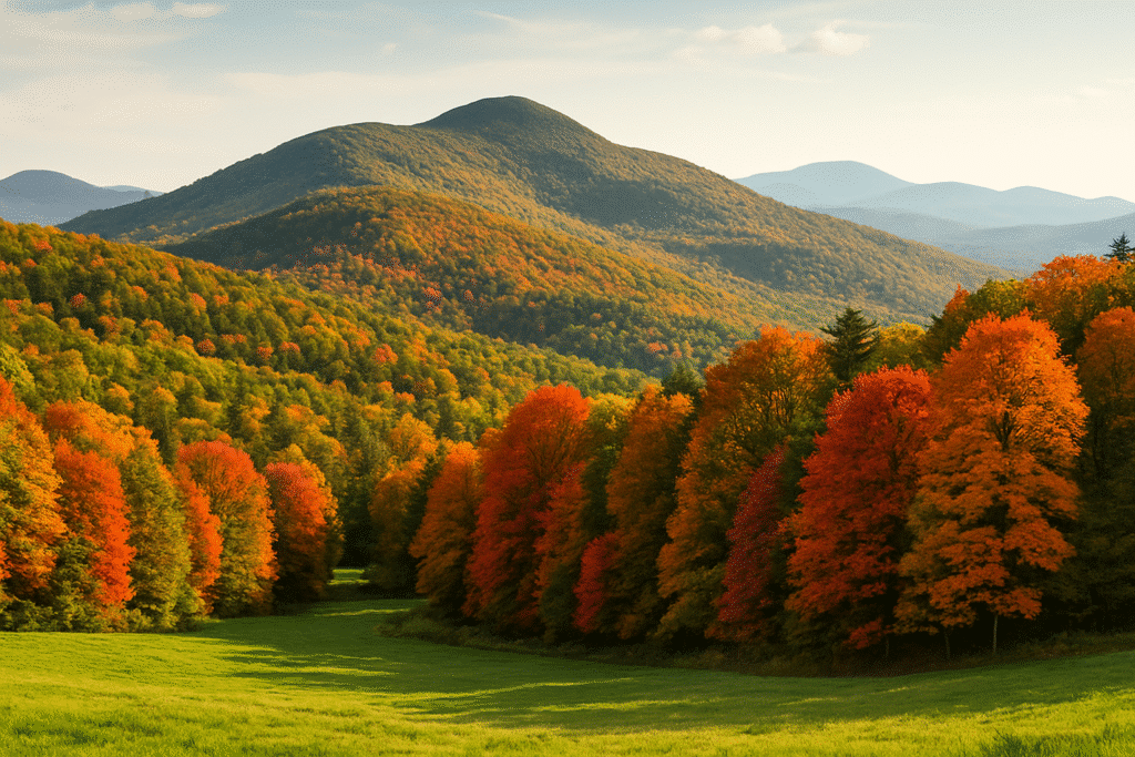 The Green Mountains – Vermont’s Spine in autumn, with rolling hills, vibrant foliage, and distant peaks under a clear sky.