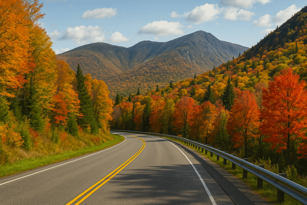 Scenic Drives and Views with a winding mountain road surrounded by vibrant autumn foliage and distant peaks.