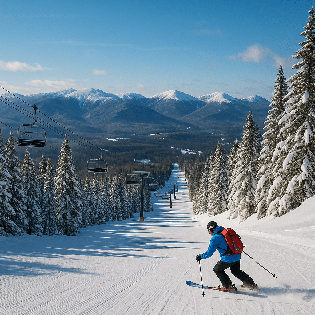 Skiing and Winter Sports with a skier descending a snow-covered slope, surrounded by snowy evergreens and mountain peaks.