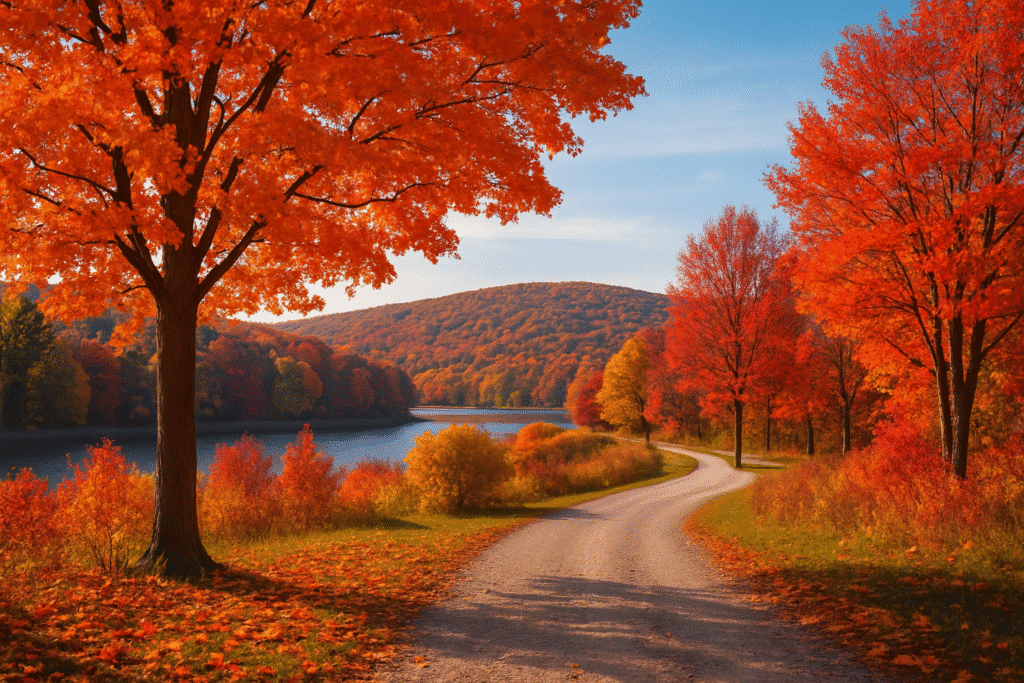 Scenic autumn landscape showcasing vibrant fall foliage along a winding road beside a lake, perfect for exploring places to go in Pennsylvania in the fall.
