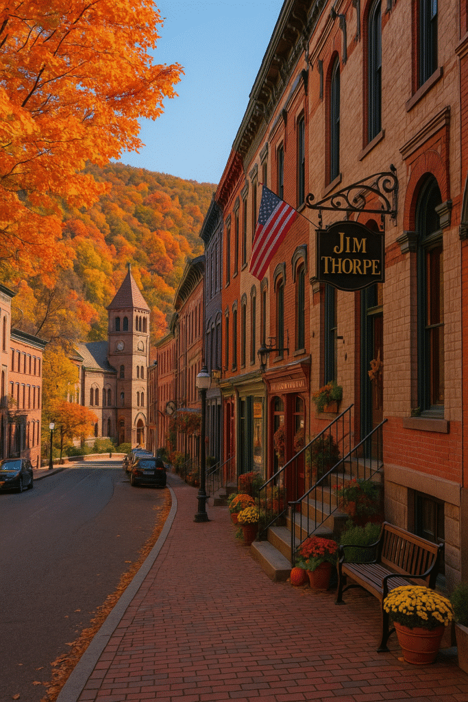 Charming autumn scene of Pennsylvania small towns that just feel better in autumn, featuring historic Victorian buildings, fall foliage, and a brick-paved street in Jim Thorpe.