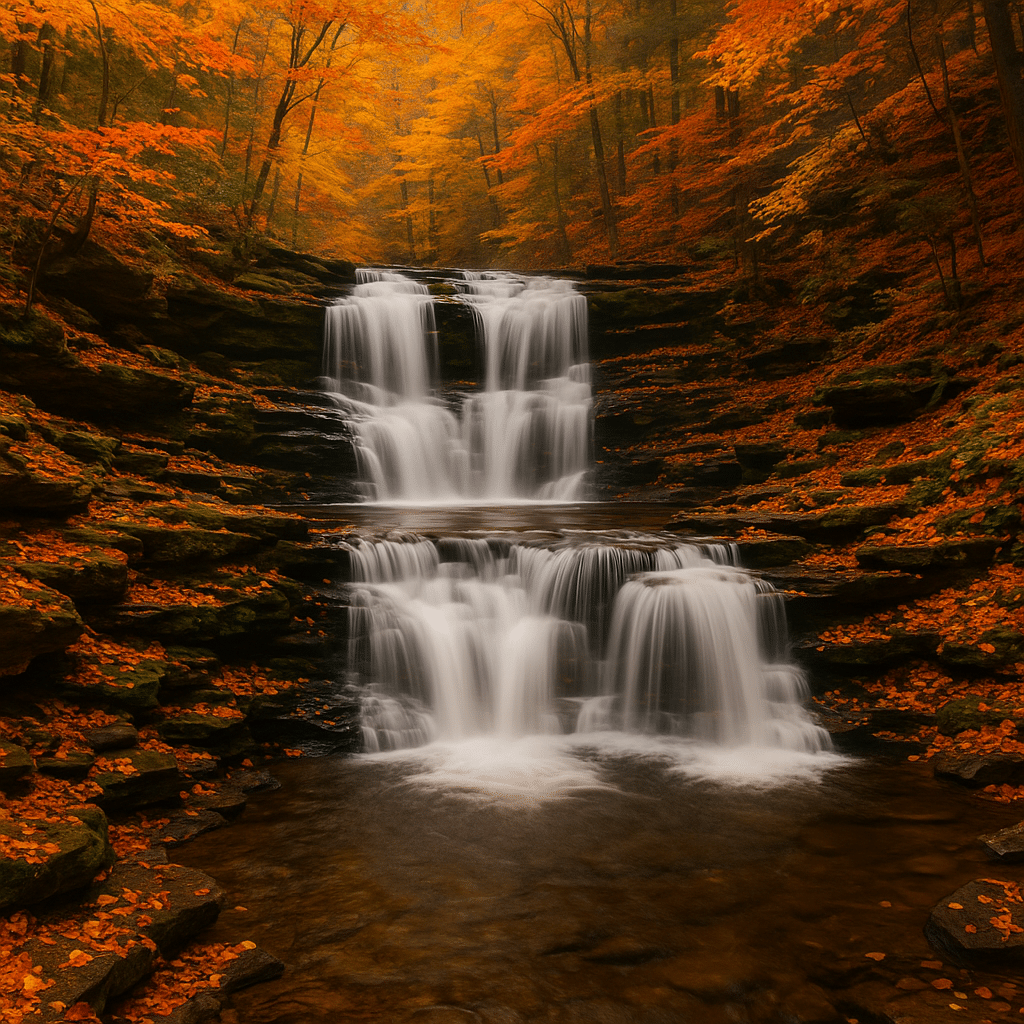 Stunning autumn view of waterfalls and state parks in their fall glory, featuring a cascading multi-tiered waterfall surrounded by vibrant orange and red foliage.