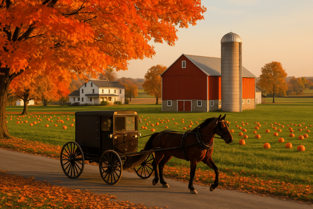 Picturesque Amish Country in Autumn with a horse-drawn buggy passing a red barn, pumpkin-filled fields, and vibrant fall foliage.