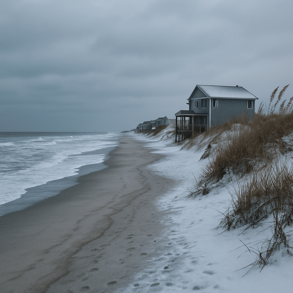 Winter in the Outer Banks – Quiet Shores and Cozy Vibes with snowy dunes, calm waves, and coastal houses under a gray sky.