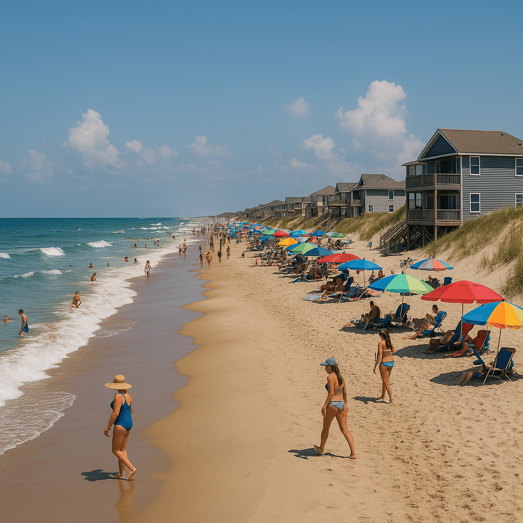 Summer in the Outer Banks – Peak Season Energy with colorful umbrellas, sunbathers, and swimmers along a lively sandy beach.