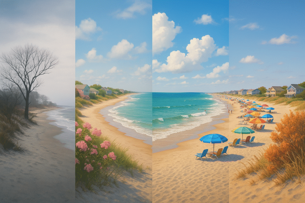 When to Visit OBX – Choosing Your Perfect Season shown through four seasonal beach scenes: winter, spring, summer, and fall.