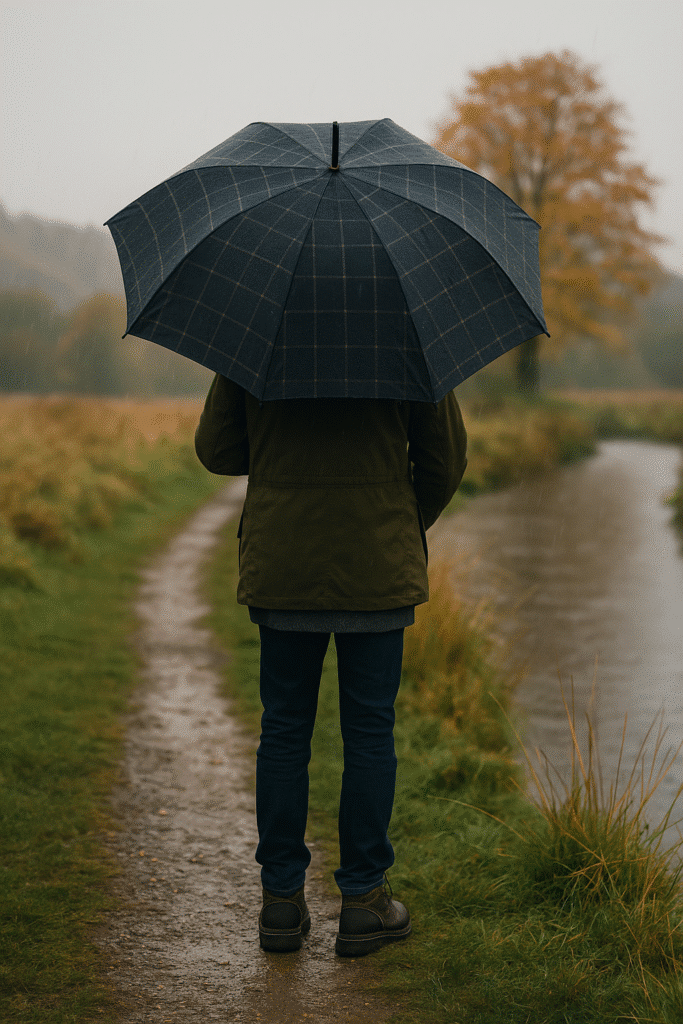 Weather reality check – Pack smart, not heavy with person in waterproof jacket and umbrella on a rainy Cotswolds path.