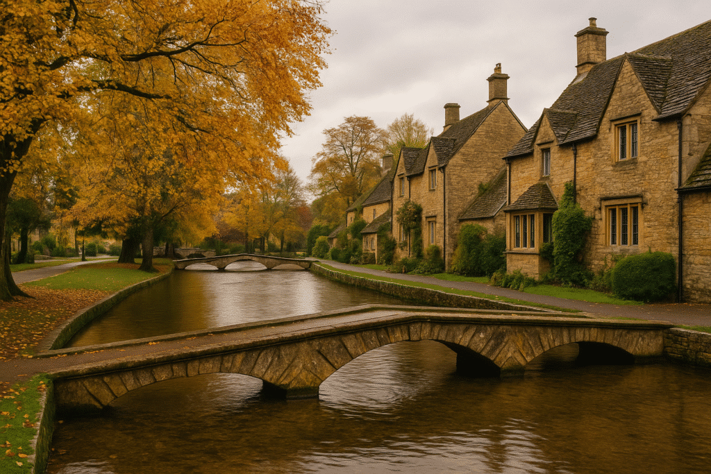 Best villages to wander through in November with autumn leaves, stone cottages, and bridges over the River Windrush in Bourton-on-the-Water.
