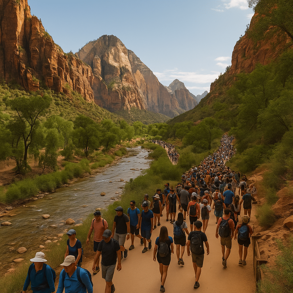 Large crowds of hikers walking along a riverside trail in Zion National Park, illustrating the concept of Crowds and Timing.