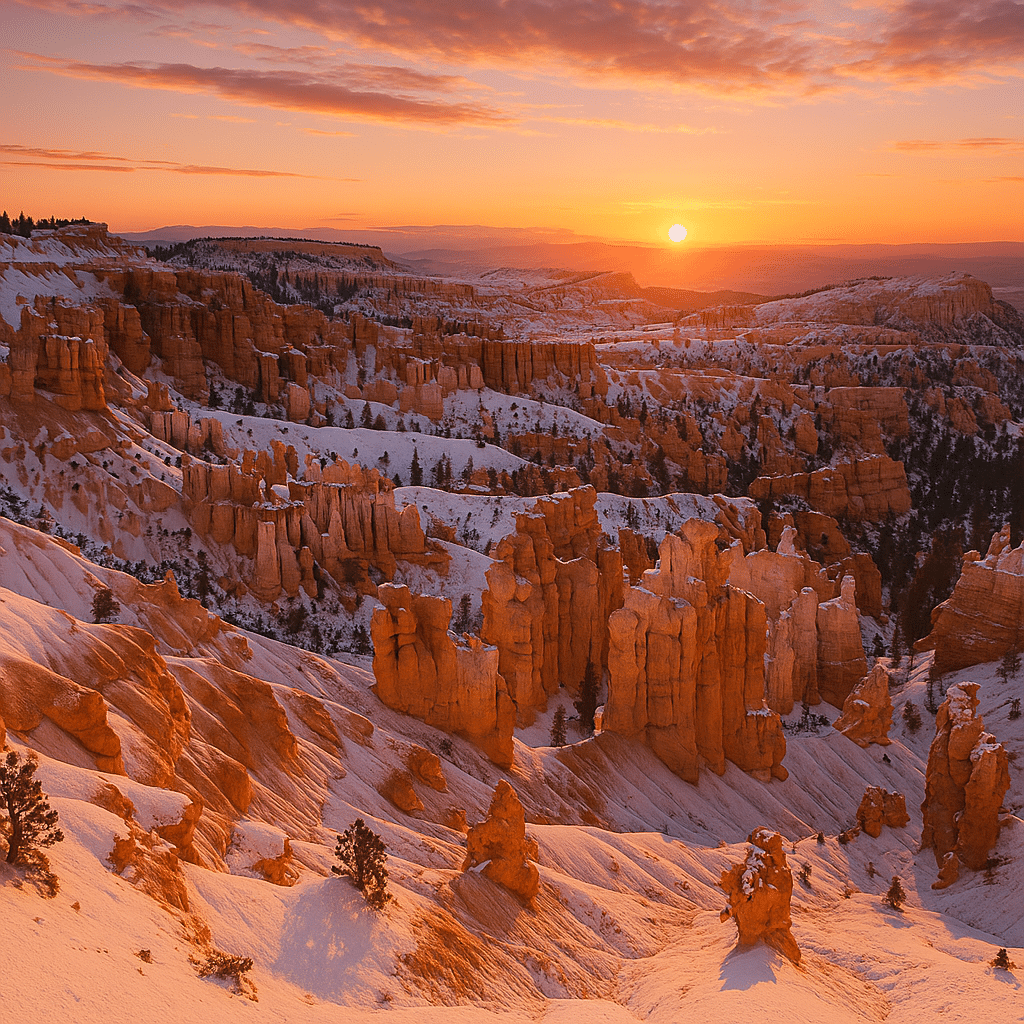 Snow-covered hoodoos in Bryce Canyon glowing at sunset, perfectly illustrating the Best Time to Visit.