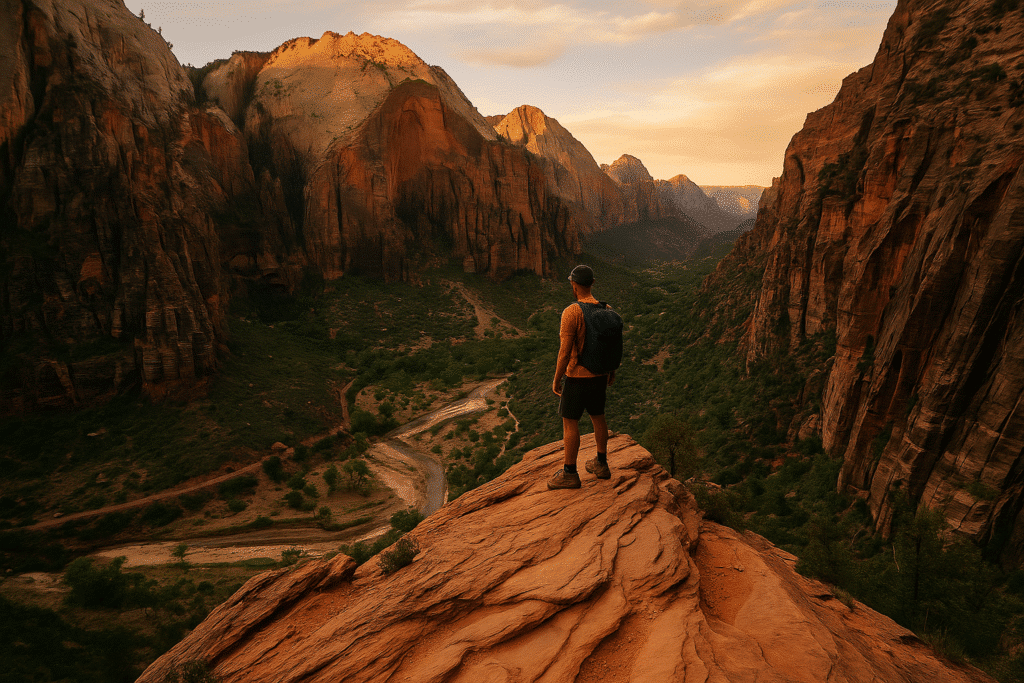 Hiker standing on a sandstone ridge in Zion National Park at sunset, showcasing the Adventure Level.