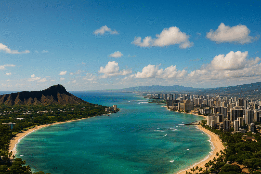 Aerial view of Waikiki Beach and Diamond Head on Oahu, showcasing turquoise waters, city skyline, and mountain backdrop – is Oahu worth visiting.