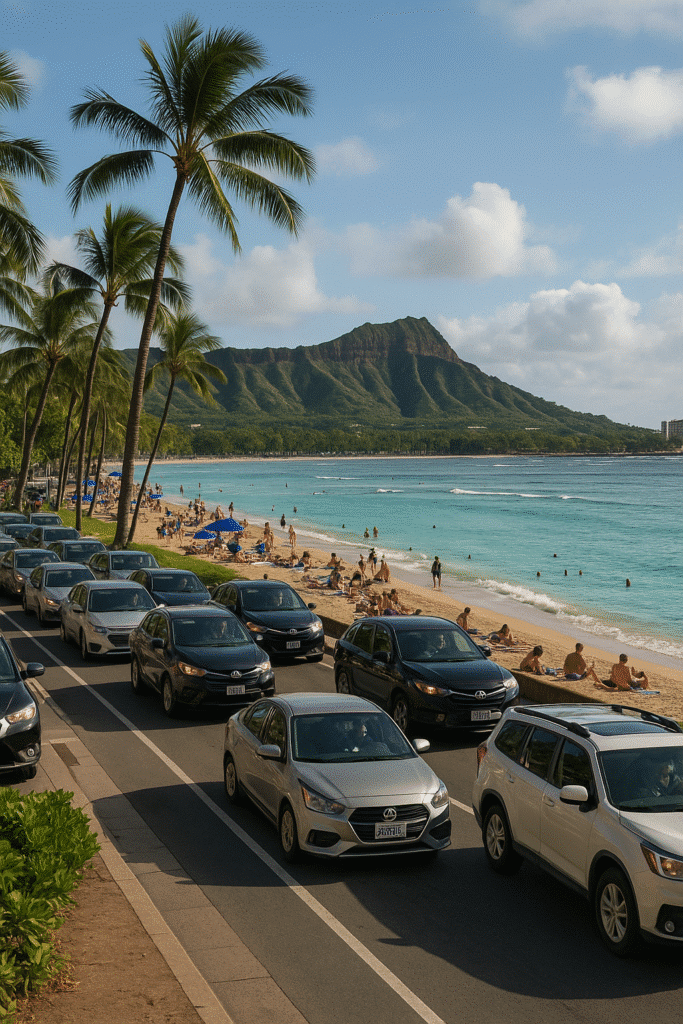 Traffic along Waikiki Beach with crowded shoreline and Diamond Head in the background – The Cons of Visiting Oahu.