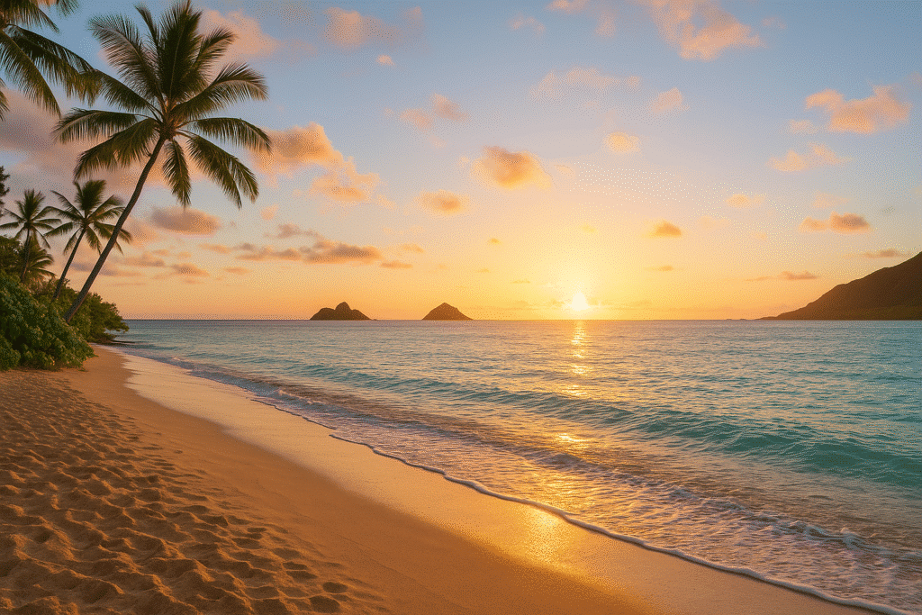 Sunrise over Lanikai Beach with golden light on the sand and ocean – When’s the Best Time to Visit Oahu?