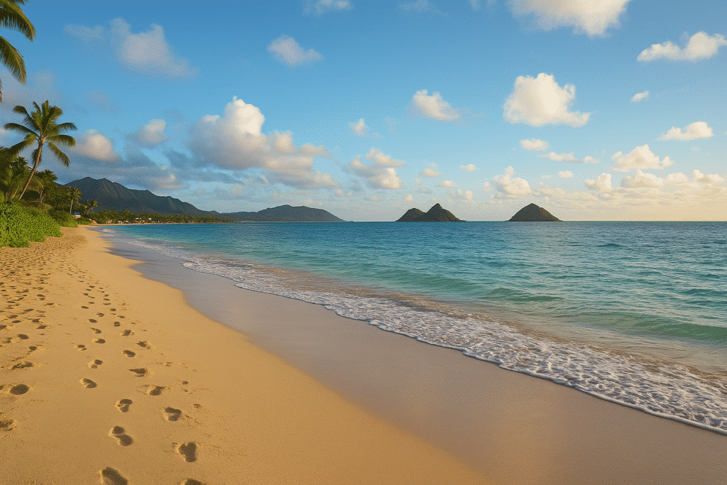 Footprints on golden sand at Lanikai Beach with turquoise waves and islands in view – How Many Days Do You Actually Need in Oahu?