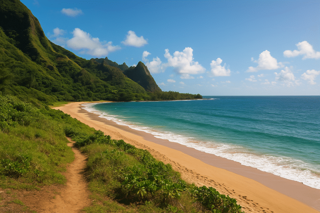 Secluded tropical beach with golden sand, turquoise waves, and lush green cliffs – Hawaii off the beaten path.