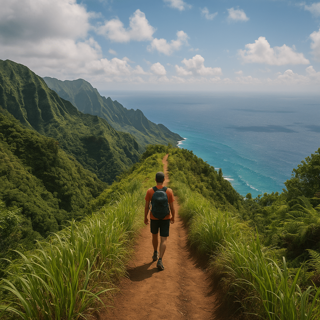 Hiker walking along a narrow ridge trail with ocean and mountain views – Hawaii Hiking Trails That Aren’t in the Brochures.