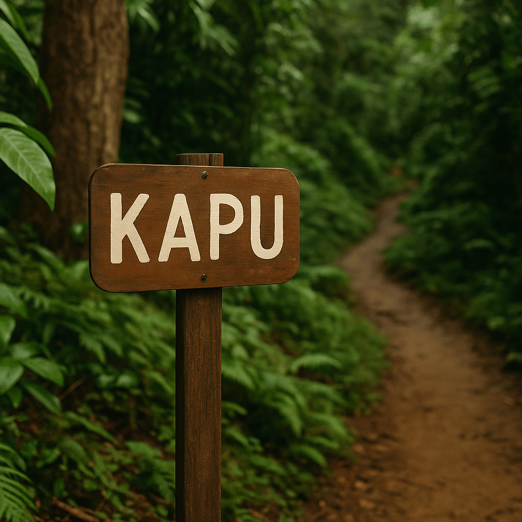 Wooden “Kapu” sign on a forest trail – How to Respect Local Culture While Exploring.