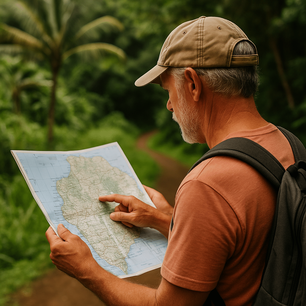 Man reading a map on a jungle trail – Navigating Without a GPS (Because You Might Have To).